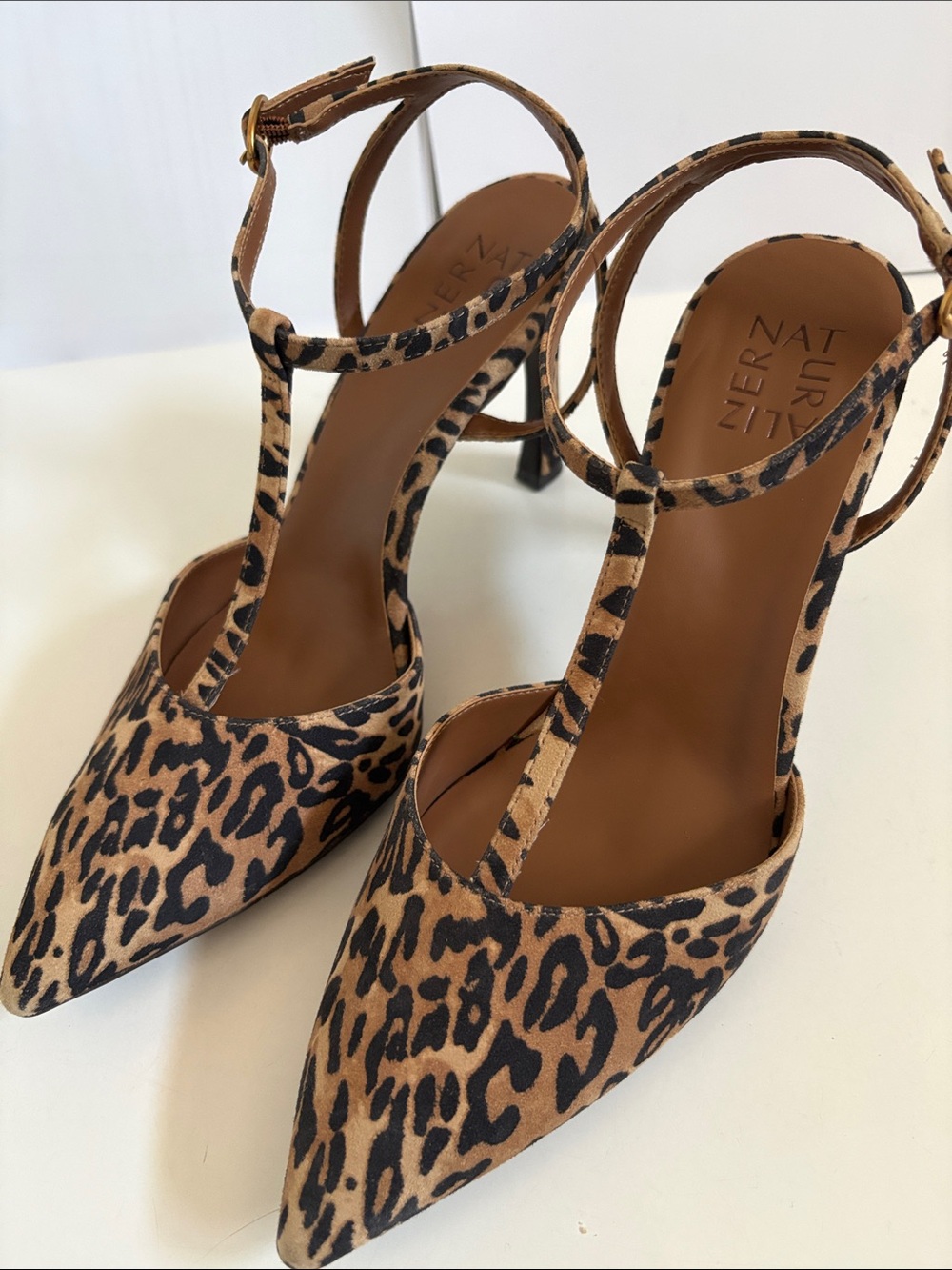 new Naturalizer Leopard-Print T-Strap Pointed Heels in Brown and Black